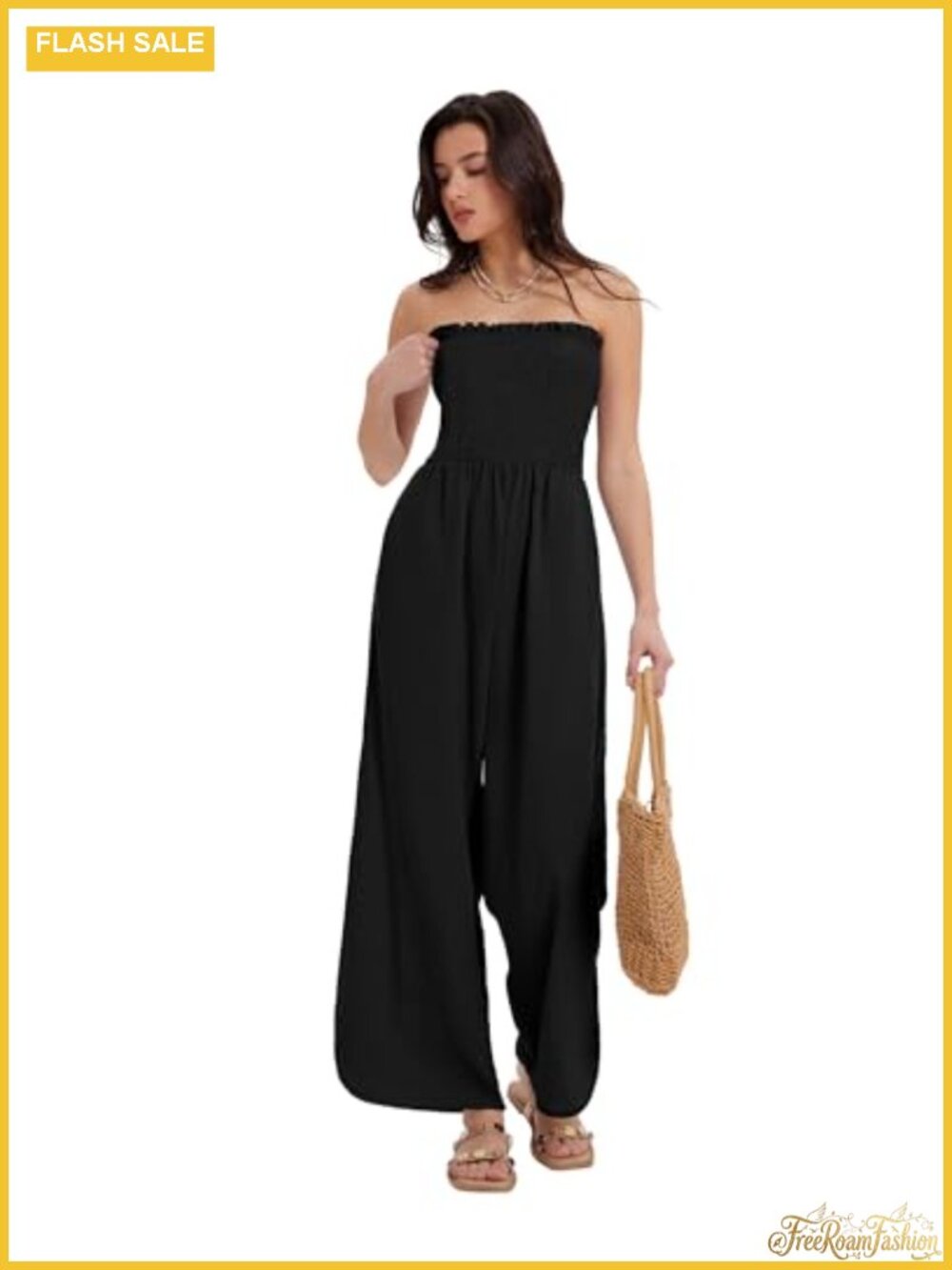 Linen Blend Strapless Wide Leg Jumpsuit Romper Resort Wear